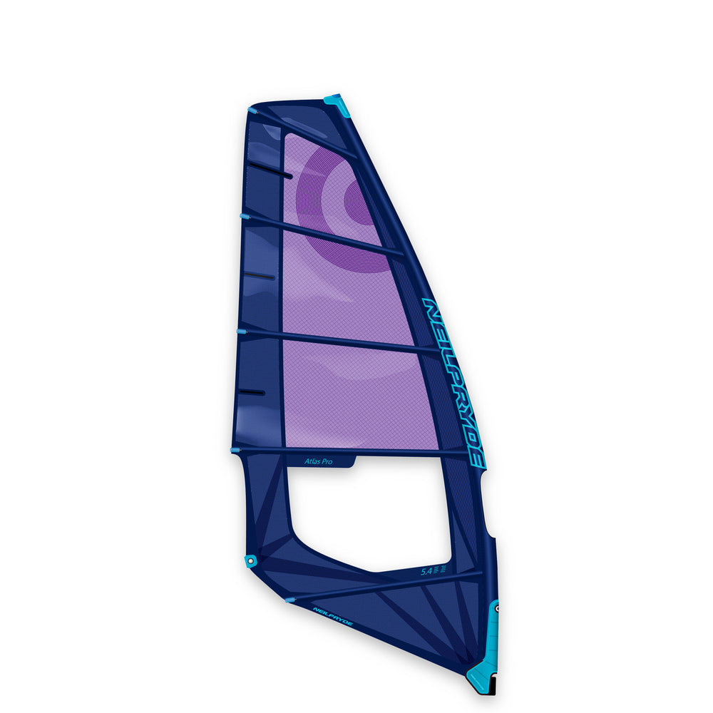 NeilPryde 23 Atlas windsurfing sail, ideal for heavier sailors, onshore conditions, and high wind control, with 5 battens for ultimate performance.