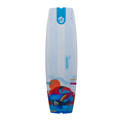 Cabrinha Vapor kiteboard with paulownia wood core designed for smooth control, reduced vibration, and stable performance in choppy powered conditions.